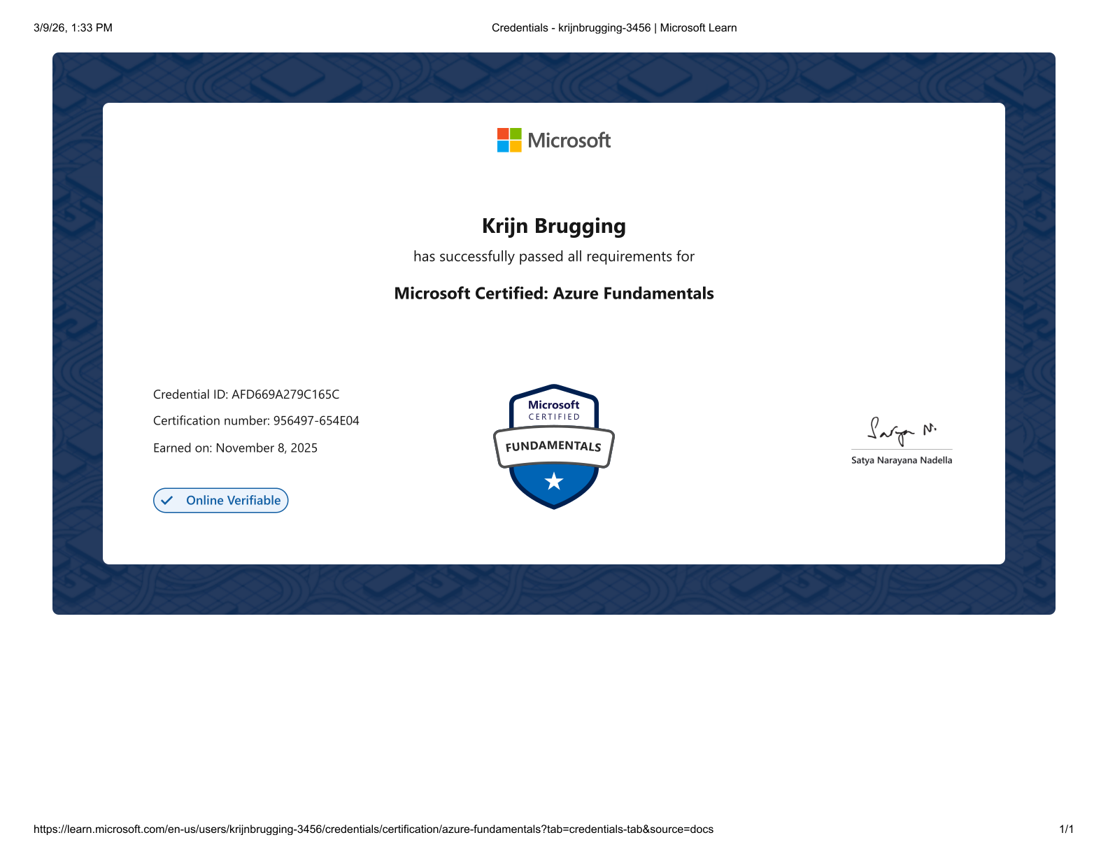 Microsoft Azure Fundamentals certificaat